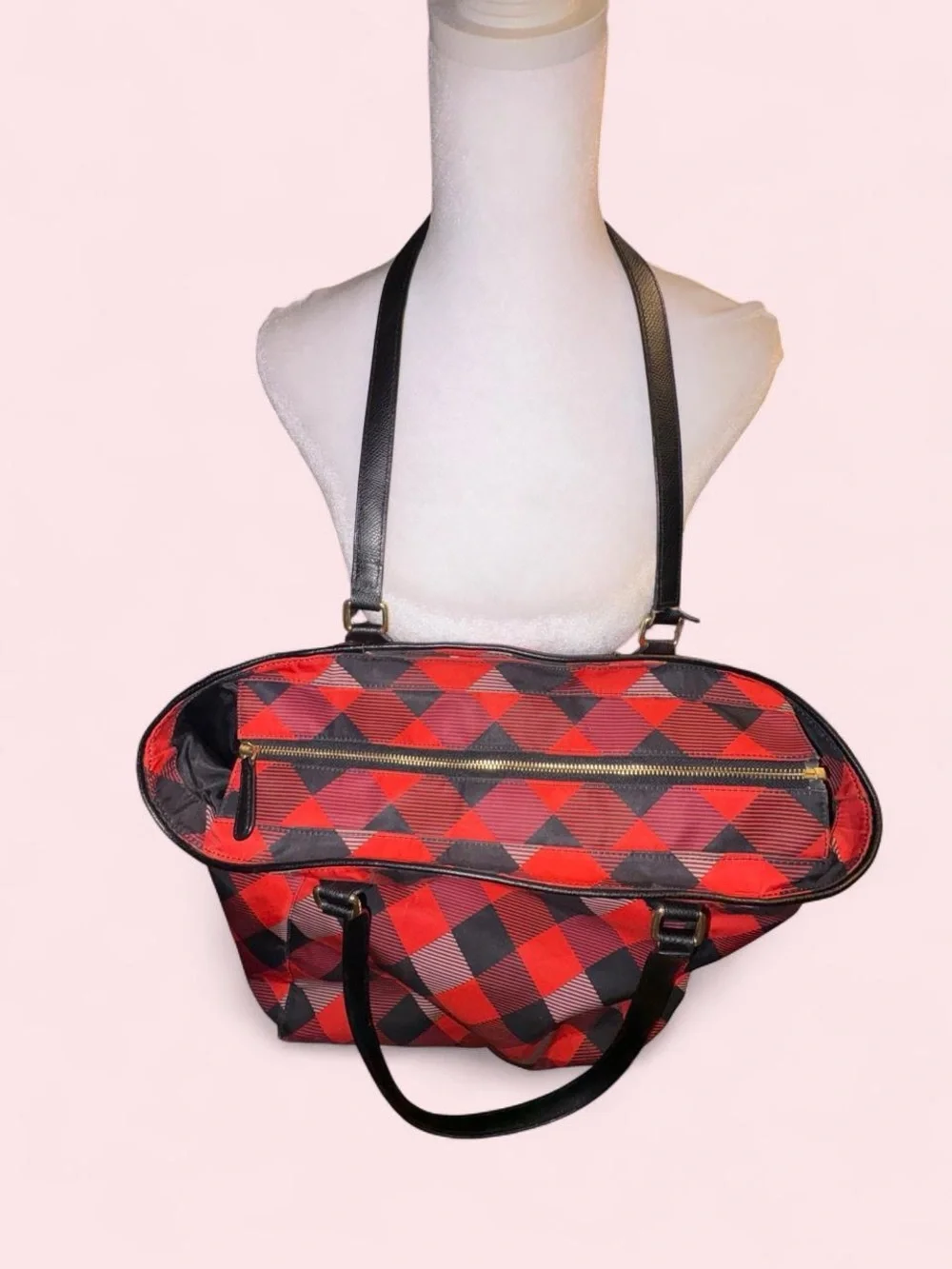 Plaid Red & Black Tote Bag with Black Handles